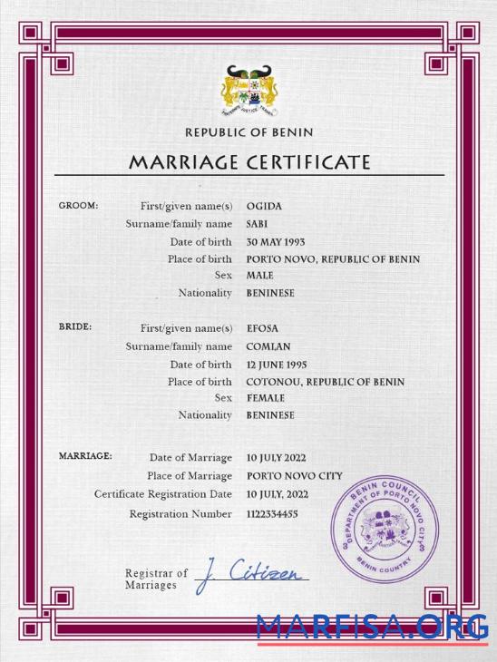 Printable Benin marriage certificate PSD template